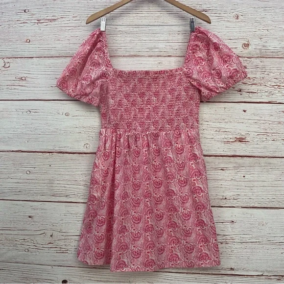 J Crew Puff Sleeve Smocked Mini Dress in Dandelion Swirl Pink/White Sz M - Picture 5 of 14